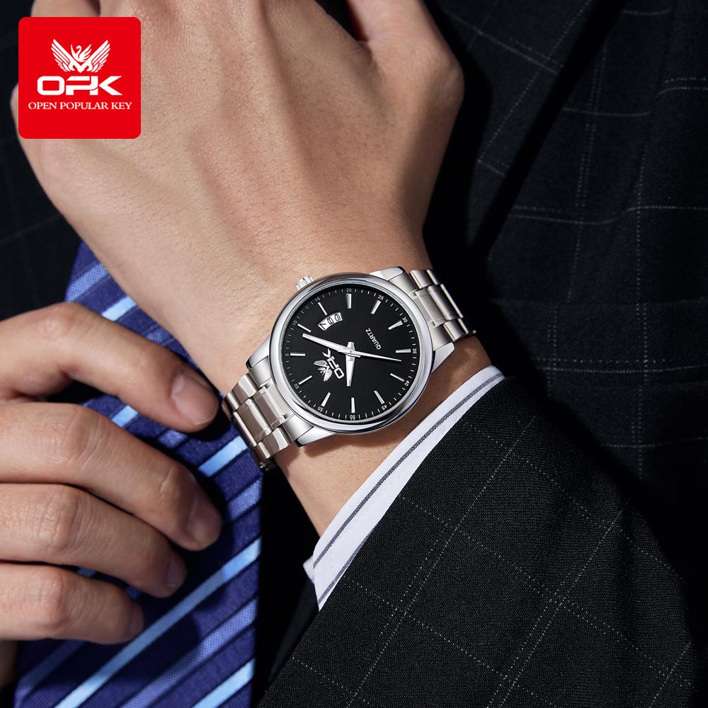 OPK 6010 Mens Watch Simple Original Quartz Watch Stainless Steel Strap Calendar Watches For Man Waterproof Luminous Men Watch