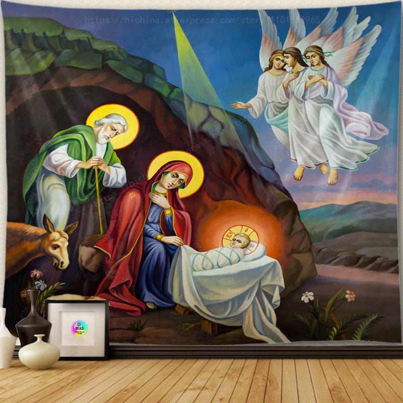 Jesus Birth Nativity Scene Tapestry Christmas Christ Wall Decor Christian Believers Wise Men Wall Hanging Easter Home Decoration 100X70CM