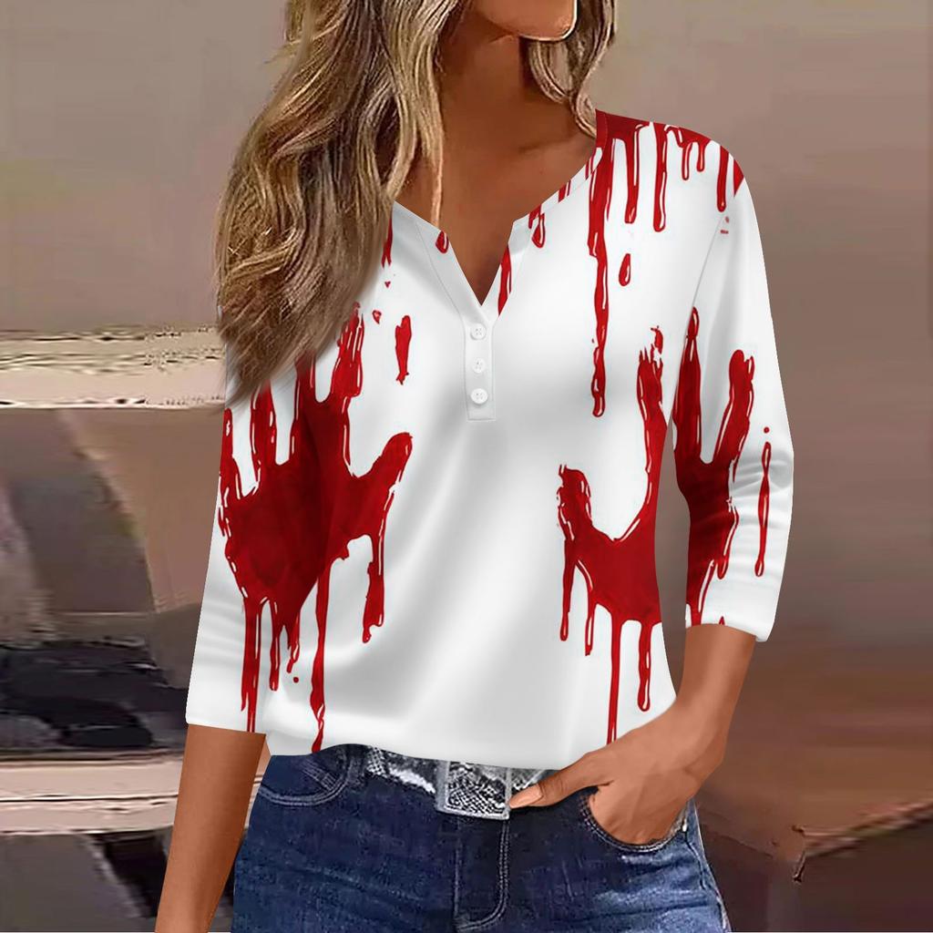 Damen Lässige Mode V-Ausschnitt Locker Vielseitig Halloween-Print Dreiviertelarm Oberteil