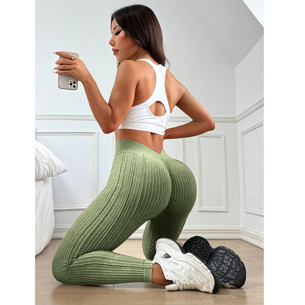 Women Seamless Gym High Waist Yoga Leggings Booty Lifting Outdoor Sports Tight Solid Striped Fitness Pants Exercise Yoga Pants