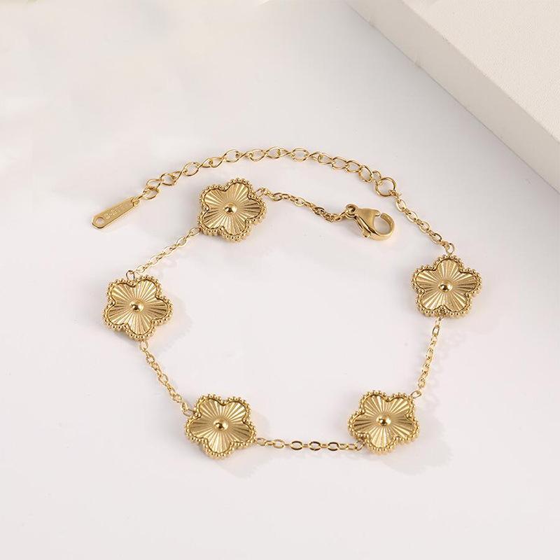 Lucky Five-Leaf Clover Beaded Bracelet for Women Classic Fashion Minimalist Gold Plated Stainless Steel Jewelry