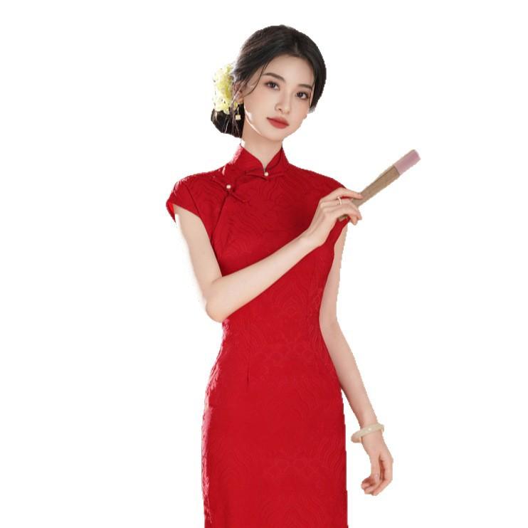 1011 summer red new Chinese acetic acid jacquard long cheongsam girl temperament noble and thin dress