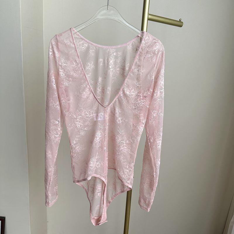 

Beautiful Luxury Niche Lace Jumpsuit Women s Summer New Sexy Perspective Long sleeve Sun Protection Bottoming Tight Underwear Pink (non-refundeable) L