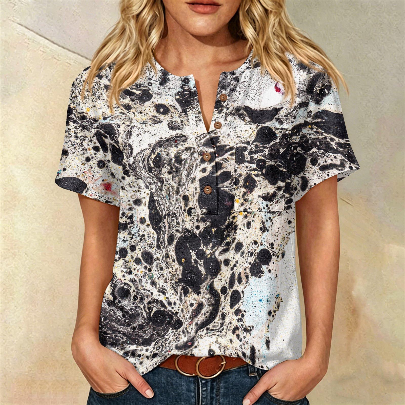 

Women’s Fashion Printed Short Sleeve Cotton Linen Henley Shirt with Button Neckline and Front Chest Pocket for Casual Wear XL