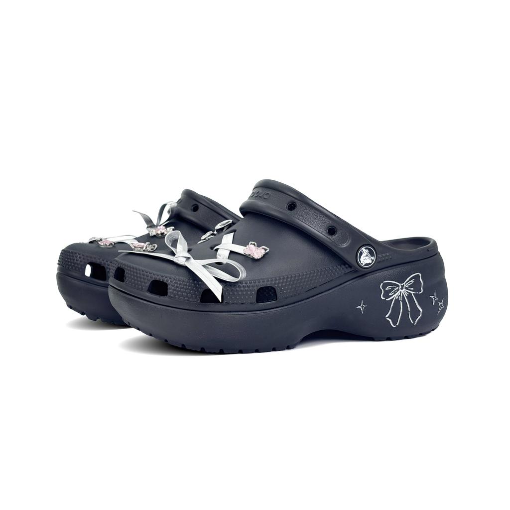 Crocs Classic Platform Clog Heartbeat Bow Goddess Couple Bow Graffiti Sweet Cool Girl Hole Shoes Unisex Silver Black