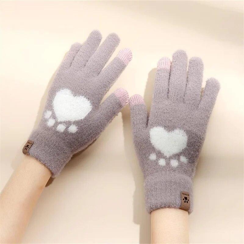 Fashion Cat Paw Printing Gloves Mobile Phone Touchscreen Knitted Gloves Winter Thick & Warm Adult Soft Fluffy Gloves Men's Women