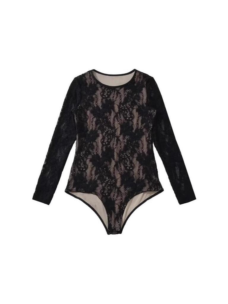 Chic Lace Patchwork Long Sleeve Bodysuit: Women's Mesh Hollow-Out Sexy Top