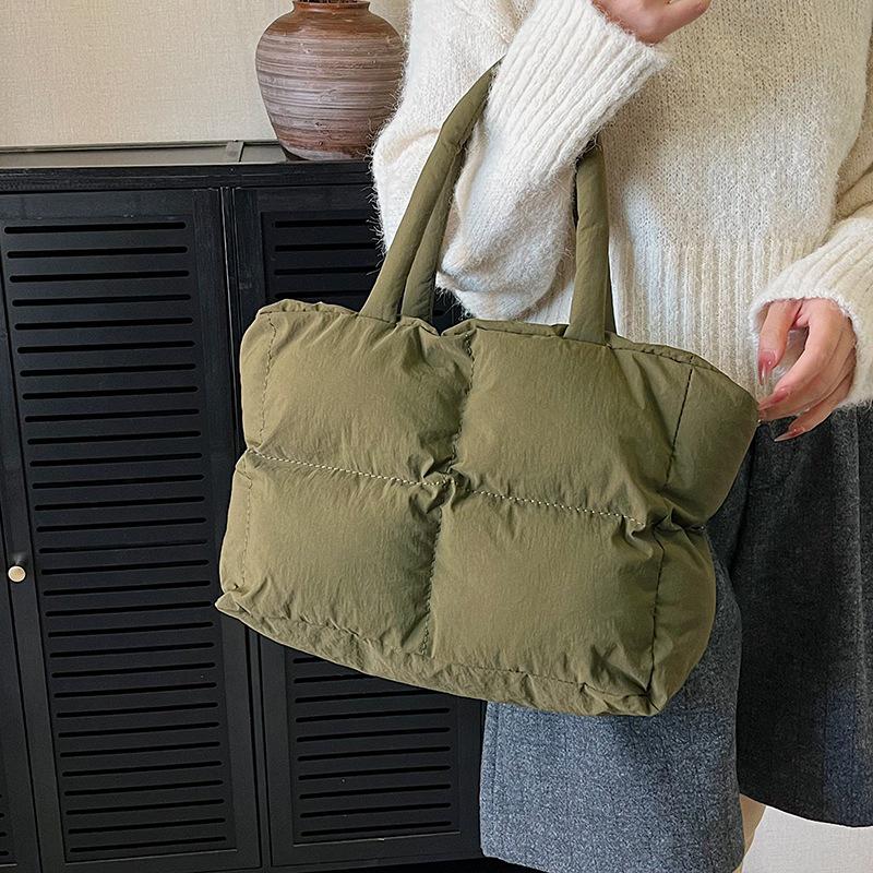 Autumn/Winter Plaid Nylon Padded Tote: Casual, Versatile, Large Capacity Shoulder Handbag
