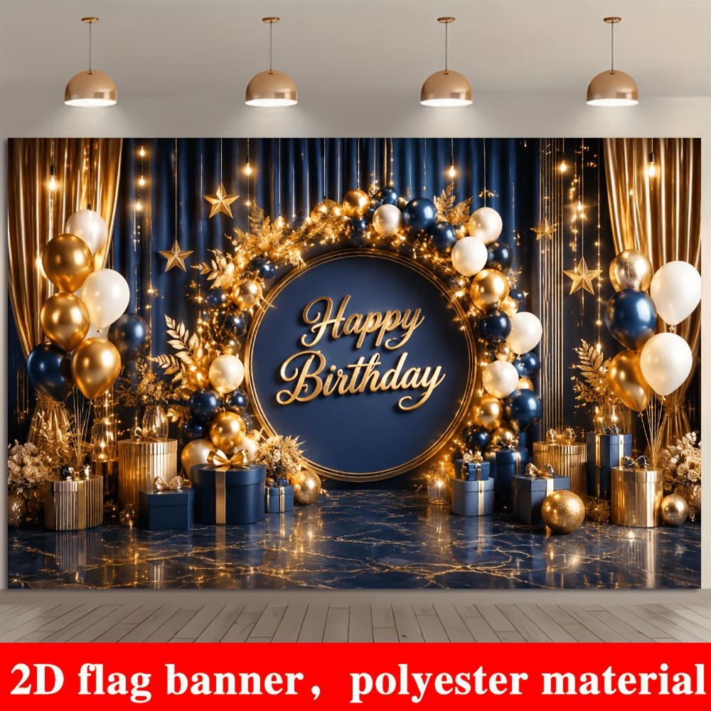 Un banner 2D con uno sfondo lussuoso a tema compleanno in blu e oro ed elementi dorati al centro.zyc