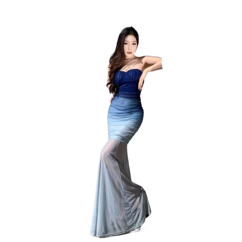 French blue gradual change tube top dress, high-end waist-wrapped buttocks fishtail skirt, Thai seaside vacation long dress