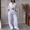 Casual Cotton Linen Shirt & Wide-Leg Pants Set - Solid Color