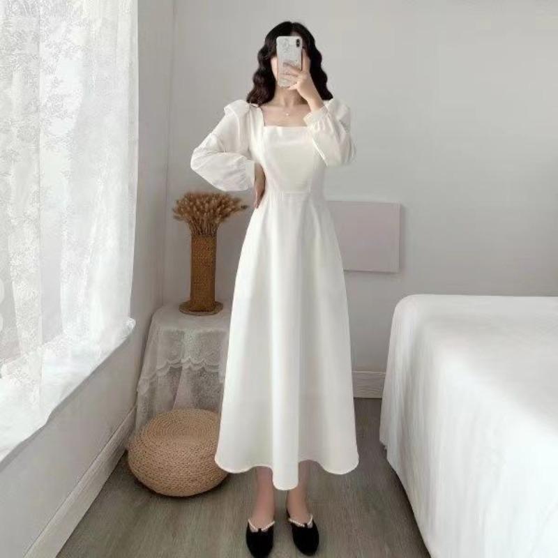 Long Dress Women Fashion Dress Women s Long-sleeved Skirt Temperament Square Collar Over The Knee Long Hepburn Style Small Black Dress S белый
