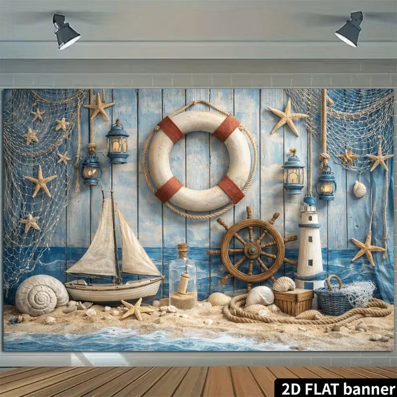 2D Nautical Beach Photo Backdrop Coastal Party Decor Cloth
