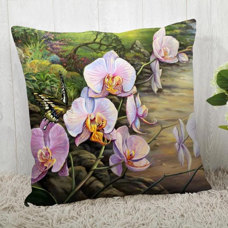 Neue Orchideenmalerei Kissenbezug Schlafzimmer Home Office Dekorative Blumen Kissenhülle Quadratisch Reißverschluss Kissenbezüge Satin Weich Kein Ausbleichen