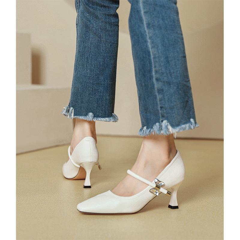 Black High Heels Temperament 2025 New One-word with Mary Jane Shoes White Stiletto French Square Head Light Mouth Single Shoes