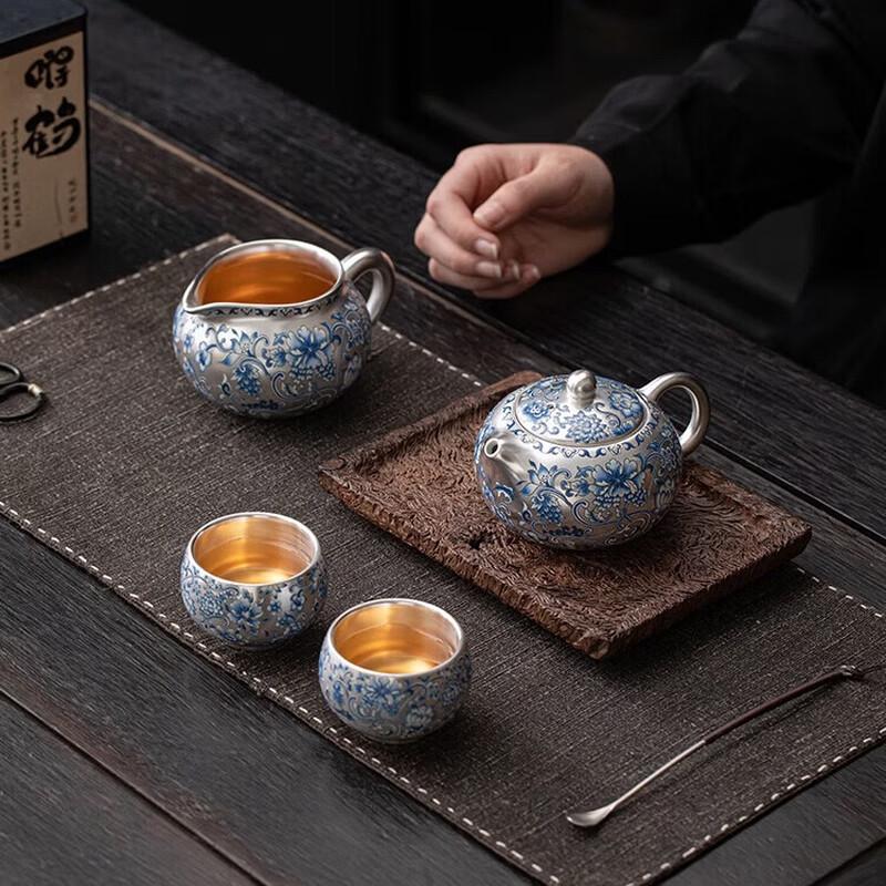 Master Su Aizhen Blue Floral Gilded Ceramic Xishi 4-Piece Tea Set