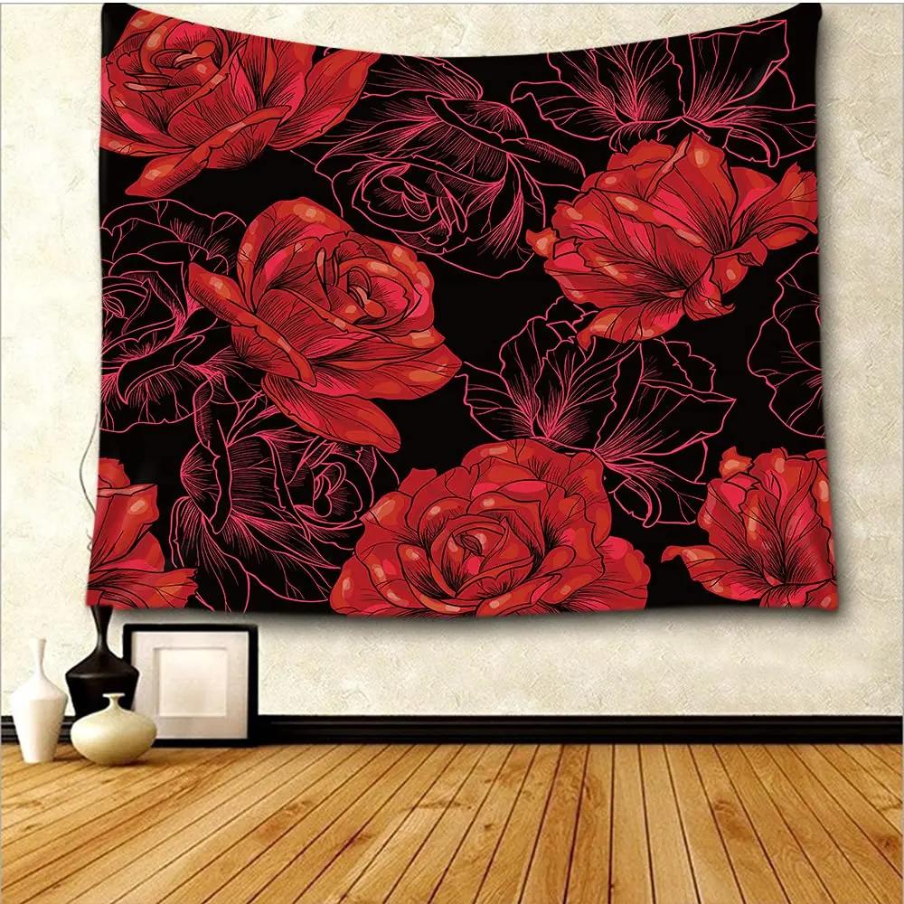 Red Rose Flower Plant Tapestry Botanical Nature Red and Black Tapestry for Bedroom Living Room Wall Decor