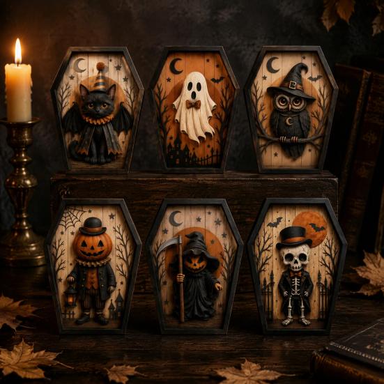 Unique Halloween Gifts for Friends Coffin-Shape Wooden Sign Decor, Pumpkin Skeleton Ghost Owl Desktop Statue Decor Patterns, Spooky Tabletop Ornament