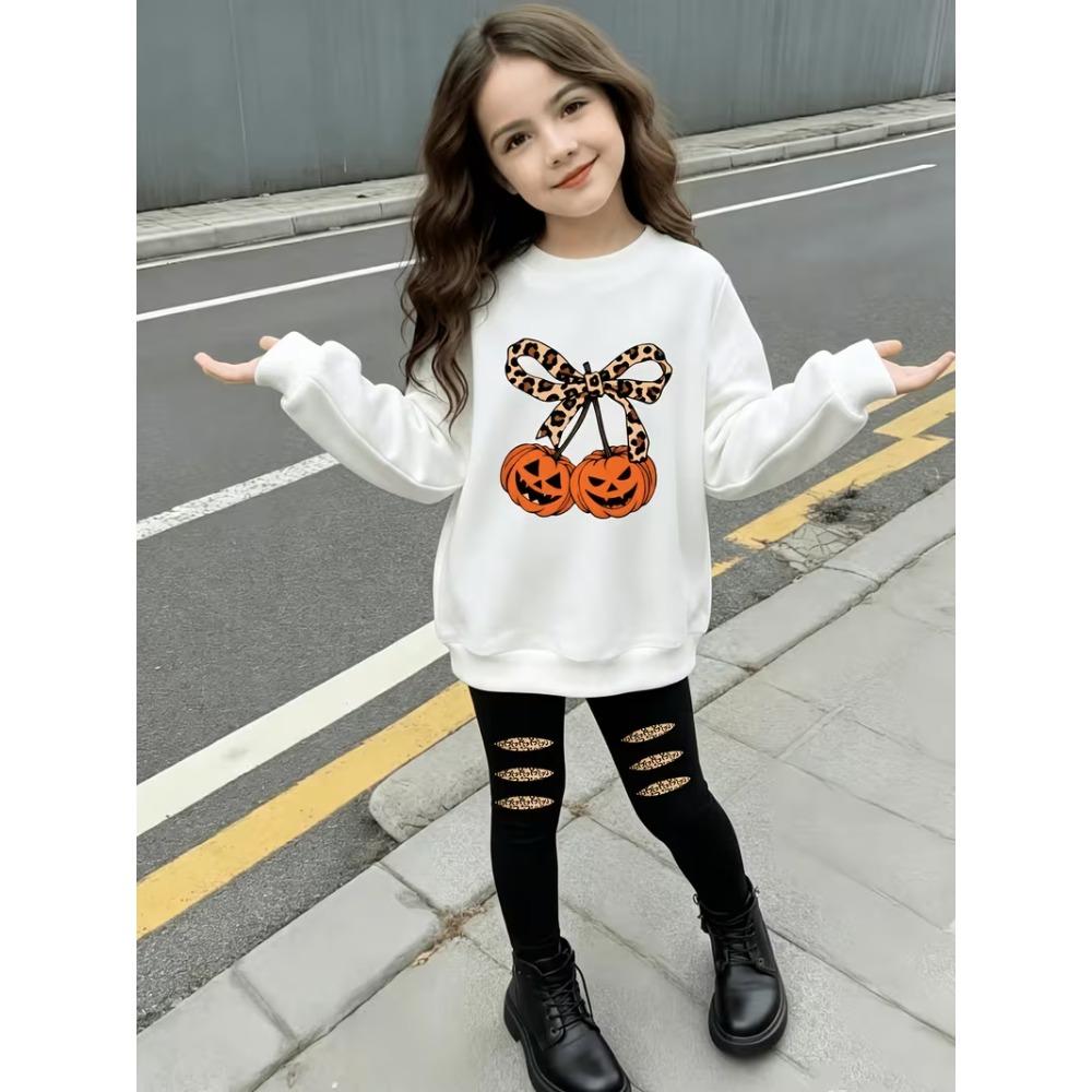 Girls' Halloween Bow Casual Comfortable Soft Loose Pullover Sweatshirt and Leggings 2-Piece Set, New Autumn/Winter, Playful, Sweet and Cool Style