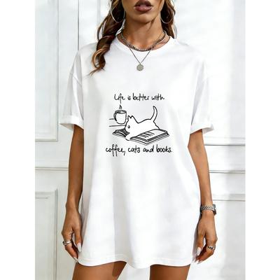 Oversized T Shirt Black Cat Reading Book Print For Casual Wear