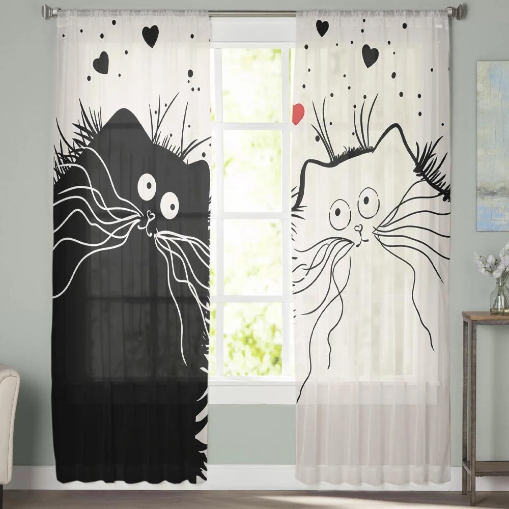 Black White Cat Curtain Window For Living Room Bedroom Kitchen Chiffon Sheer Window Treatment Decorations