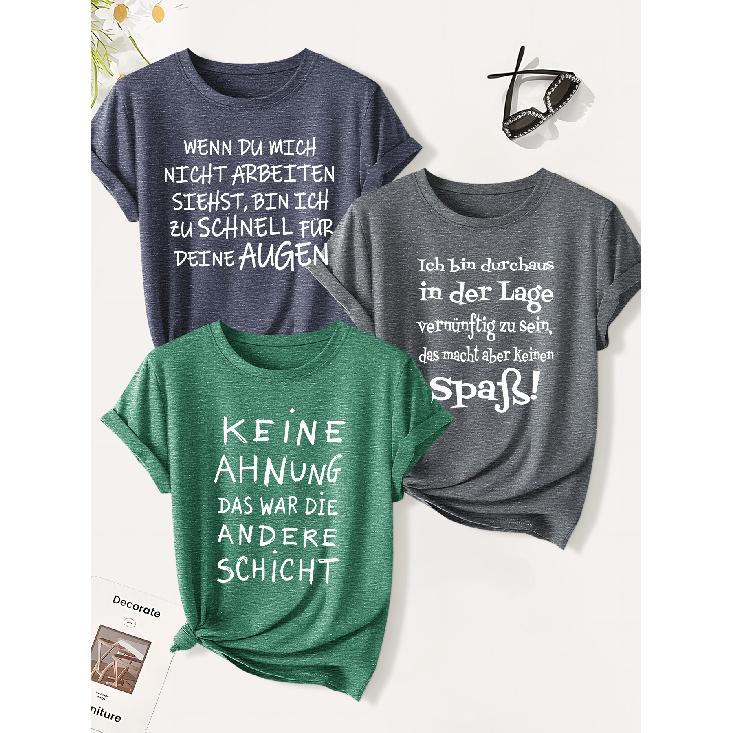 3 Pack of Women's Summer Tops | German Funny and Sarcastic Work Complaining Slogan Print T Shirt | Minimalist Style Trendy Casual Round-neck