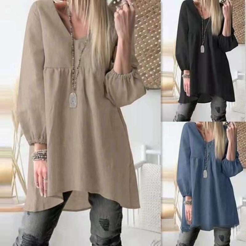 

New Loose Women s Cotton and Linen V-neck Casual Shirt Skirt 5XL peacock синього кольору