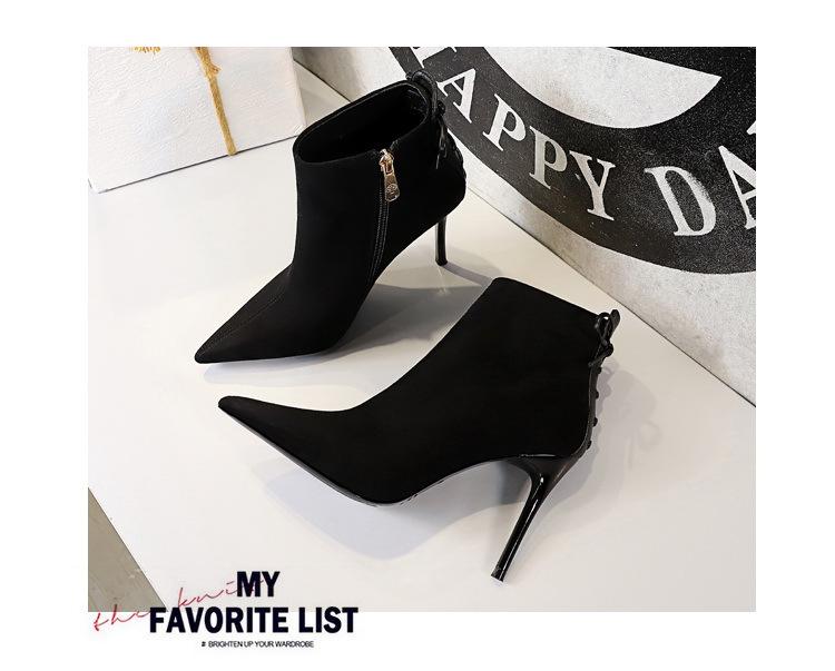 Evropská a americká retro móda Sexy noční klub Semišové šněrovací boty na vysokém podpatku se špičatou špičkou