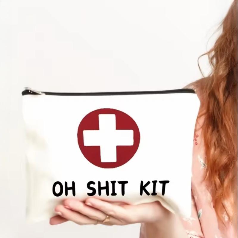 1PC Canvas "OH SHIT KIT" First Aid Pouch - Unisex Red/Natural Emergency Travel Toiletry Bag