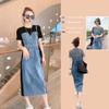 Women's Fake Two-Piece Denim Dress Casual Patchwork T-Shirt Sleeve Midi Dress Slim Fit Streetwear