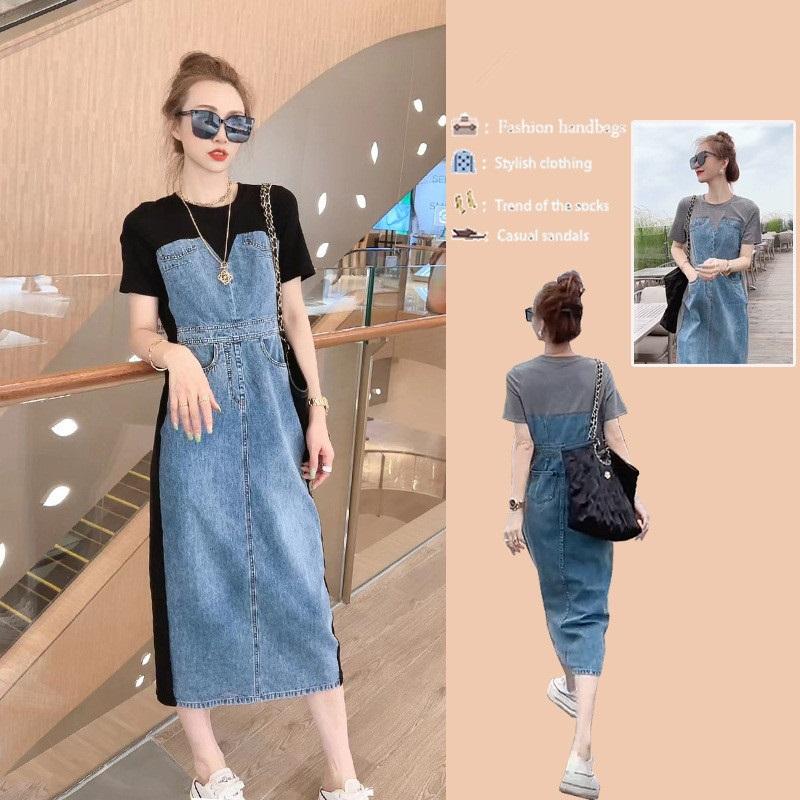 

Women s Fake Two-Piece Denim Dress Casual Patchwork T-Shirt Sleeve Midi Dress Slim Fit Streetwear L