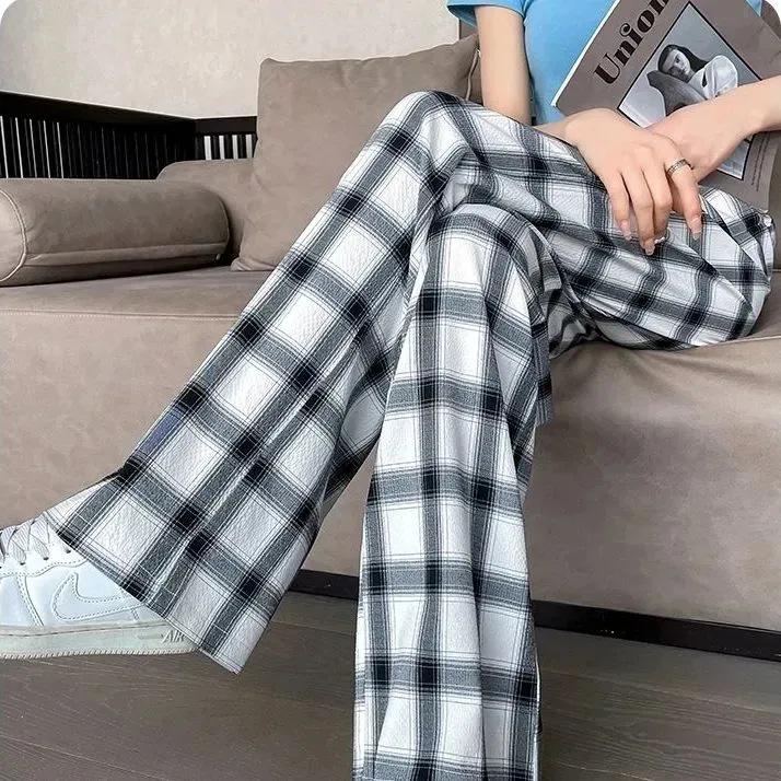 Plus Size Women s Plaid Ice Silk Wide-Leg Pants: High-Waist, Loose, Straight, Casual, Slimming Summer Trousers S
