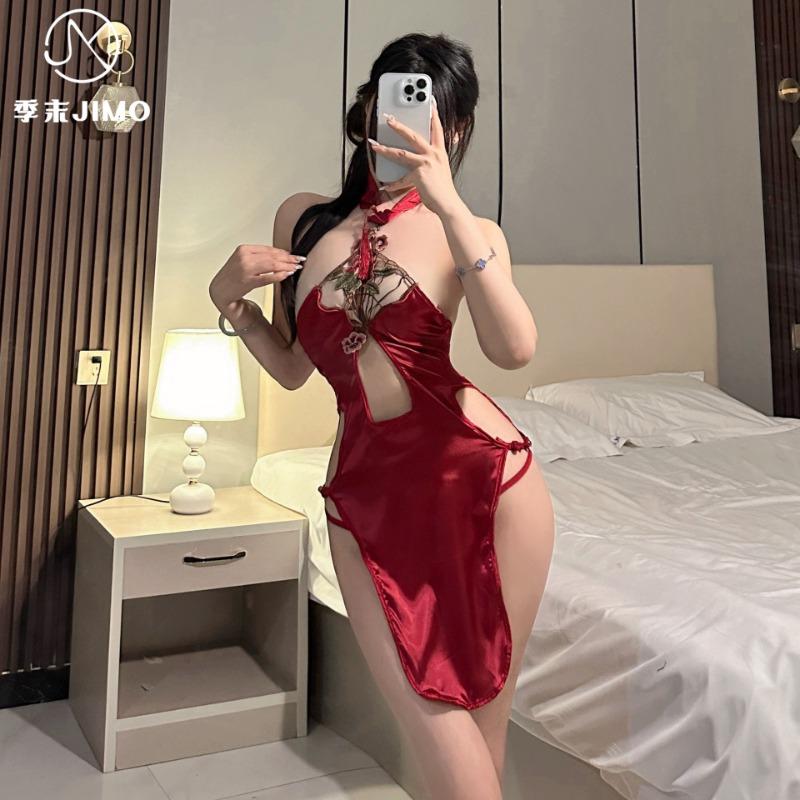 Sex Underwear Sexy Antique Peony Embroidery Neck Cheongsam Empty Split Retro Neck Cheongsam Skirt Women 8092