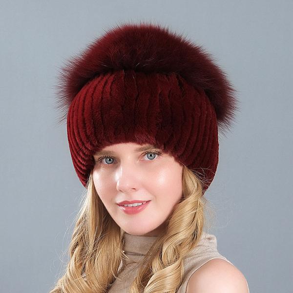 New Style Women Real Genuine Fox Fur Beanies Hat Girls Natural Real Rex Rabbit Fur Skullies Cap Knit Winter Real Fur Hats