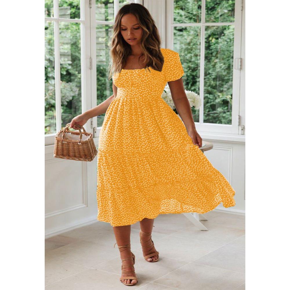 Women's Fashion Summer Spring Floral Print Short Sleeve Square Collar High Waist Casual Dresses