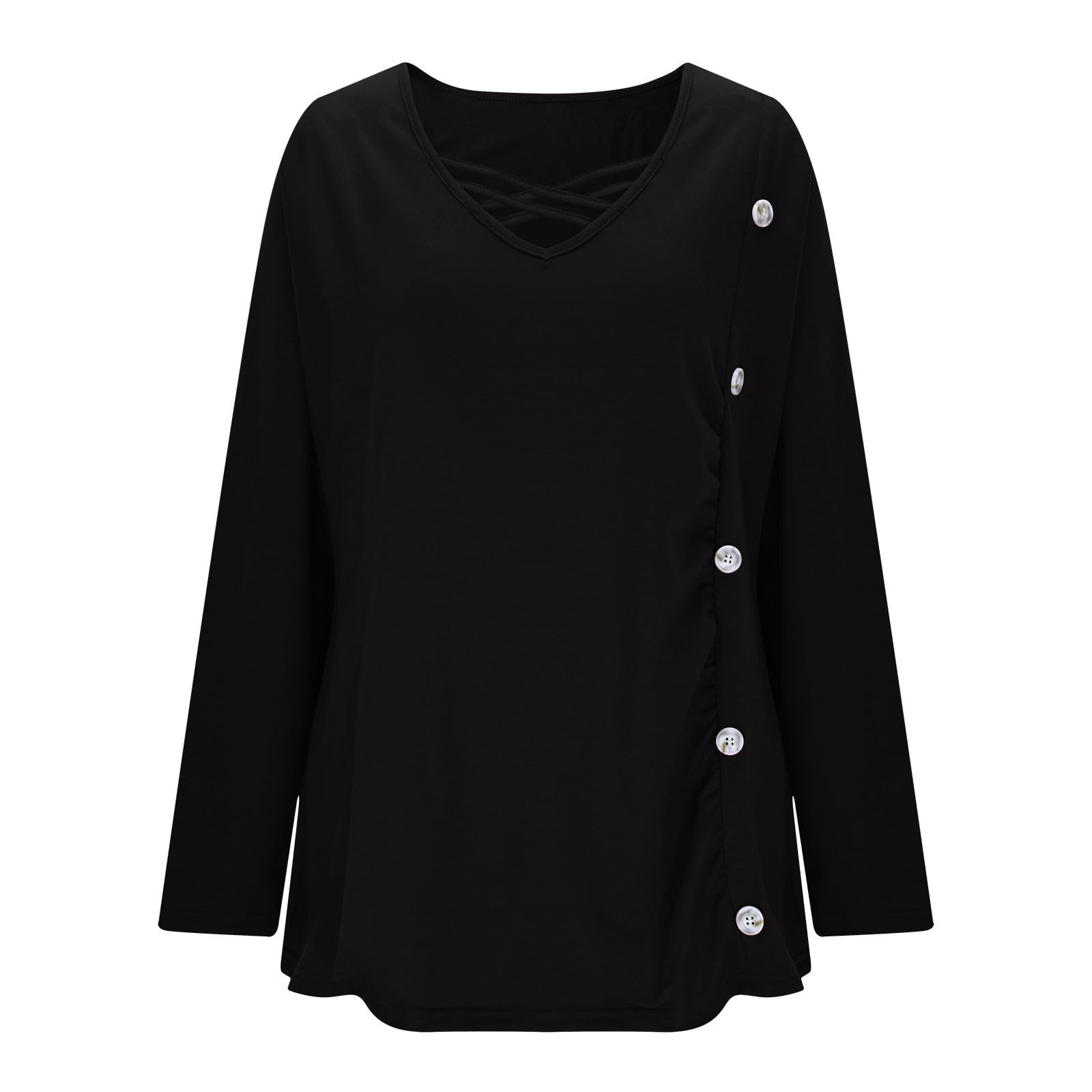 

Ladies Fashionable Casual Hollow V-neck Solid Color T-shirt Long Sleeved Top XXXL чёрный