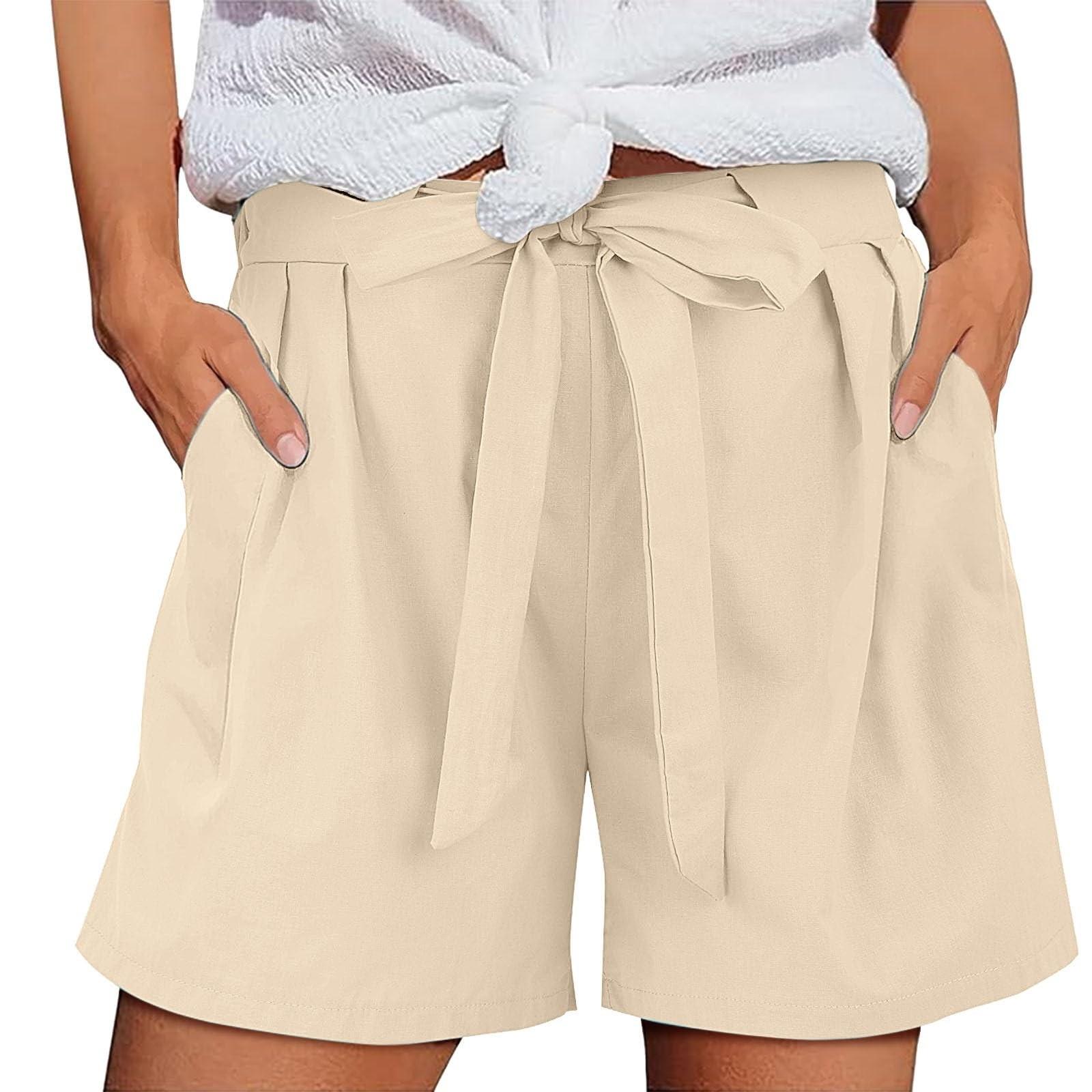 

Women s Fashionable Solid Color Pocket Strap Elastic Waist Cotton And Linen Shorts M хакі