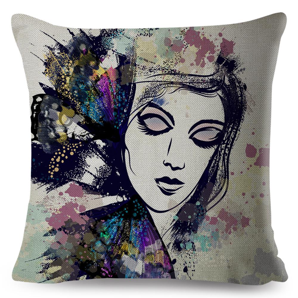 Fashion Woman Art Pillowcase Double Print Boho Lady Cushion Cover Soft Plush Portrait Pillowcase Home Decor