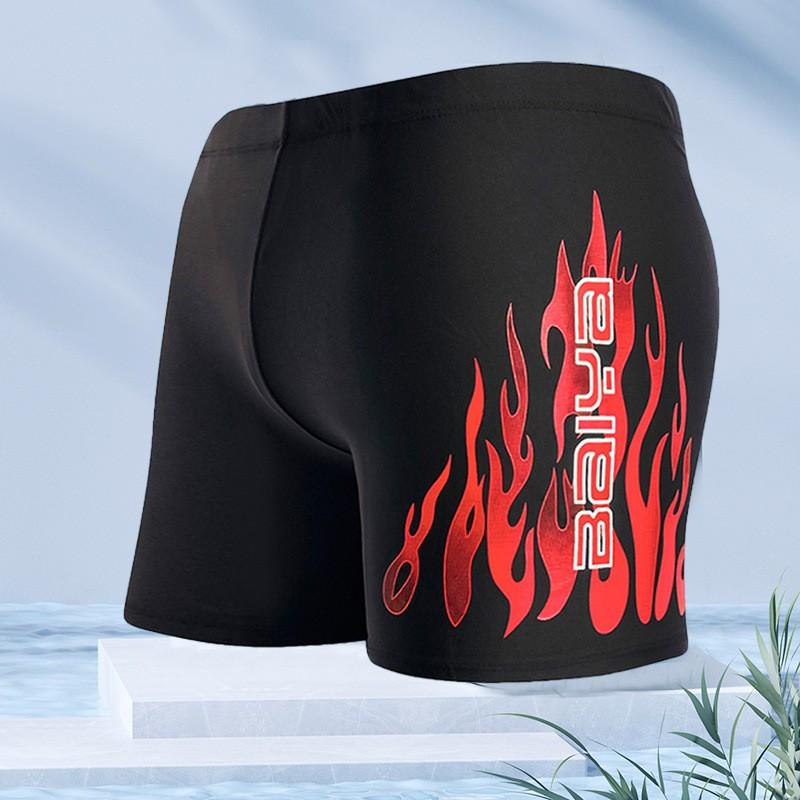 Mens Flame Print Loose Fit Boxer Style Swimming Trunks Quick Dry Nylon Swimwear Pool Beach Surfing