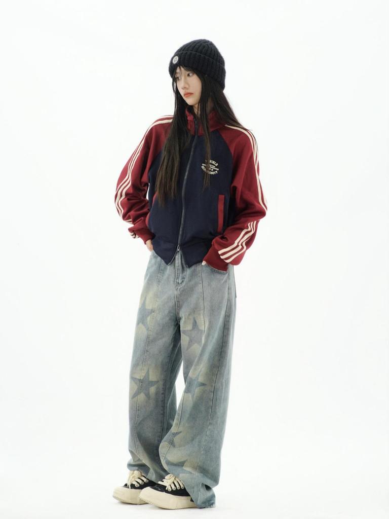 American Retro Preppy Striped Colorblock Cardigan - Women's Short Zip-Up Stand Collar Jacket