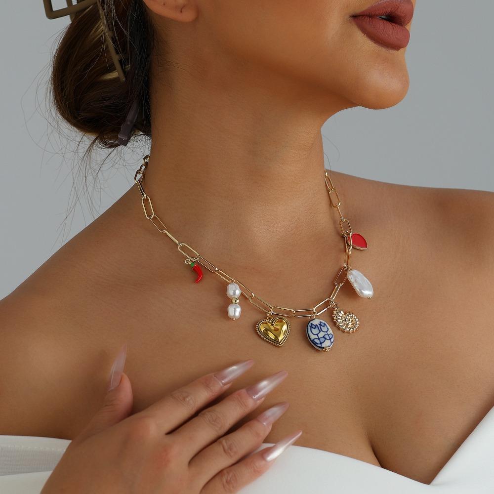 Retro Temperament Baroque Pearl Chili Heart Sun Enamel Pendant Choker Multi‑Charm Paperclip Link Necklace for Women Jewelry Gift