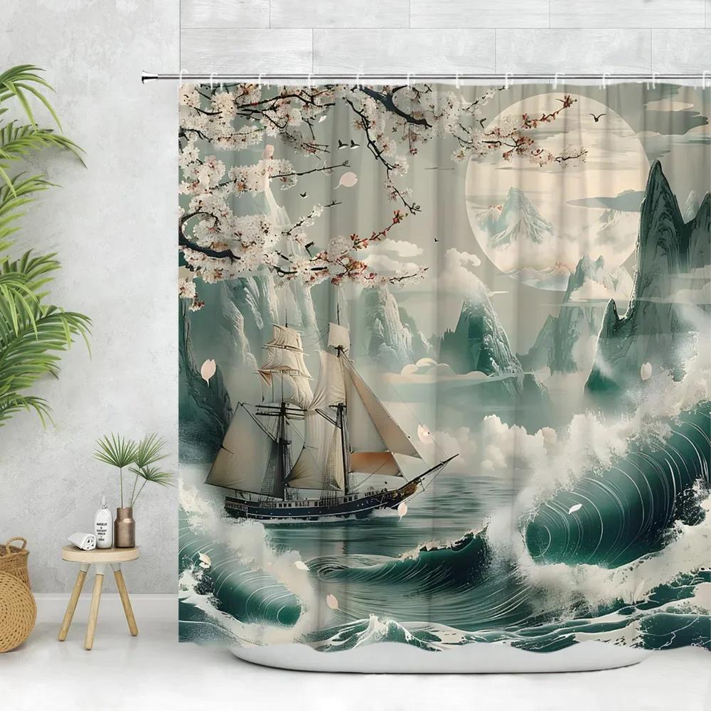 Asian Shower Curtain Ink Painting Crane Cherry Blossoms Japanese Woman Koi Panda Modern Polyester Fabric Bathroom Decor Curtain