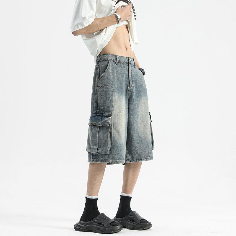 Men's High Street Loose Denim Shorts - Summer Wide-Leg Five-Point Mid-Length