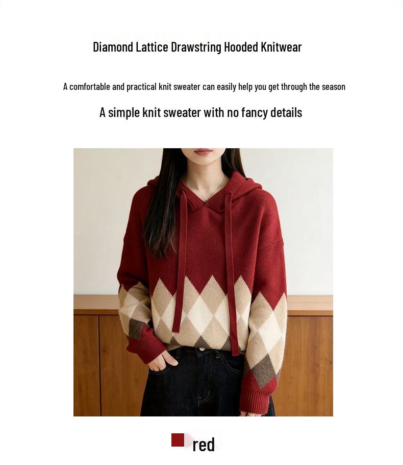 Women's Loose Red Diamond Pattern Hooded Sweater - Autumn/Winter Stylish Knit Top