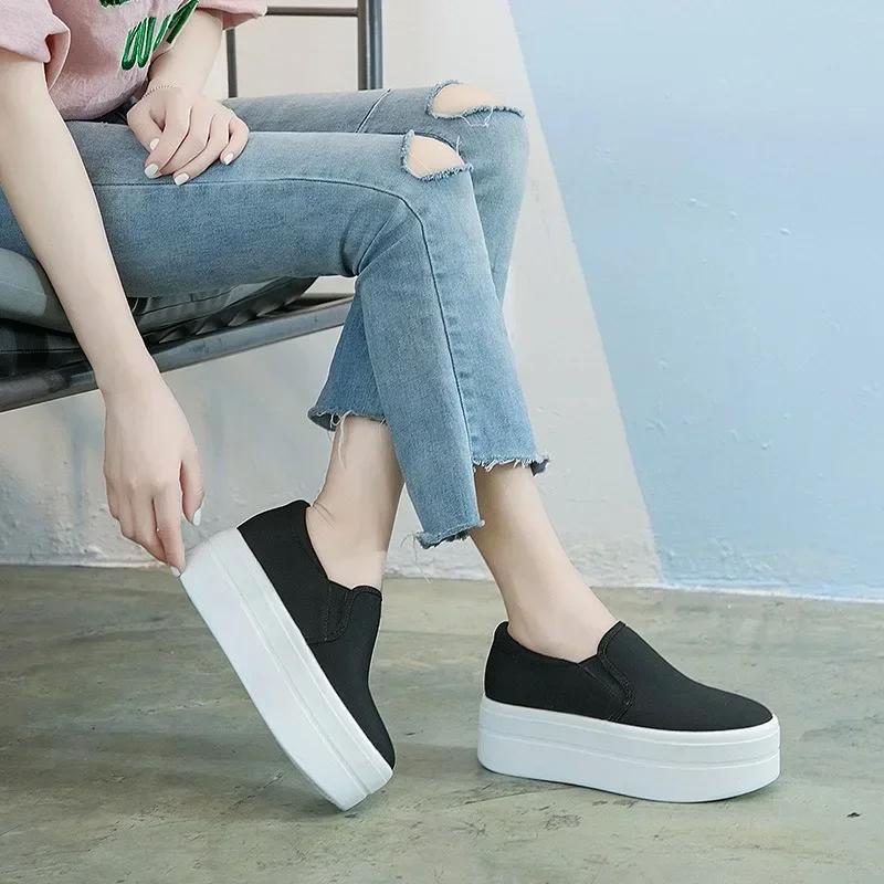 6CM Denim Platform Wedge Autumn Elastic High Brand Chunky Sneakers Fashion Casual Spring Slip on Black White Shoes 2024