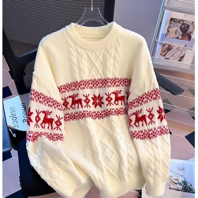 

Unisex Red Christmas Sweater - Cozy Winter Retro Knitwear, Trendy Loose Fit for Couples L абрикосовий