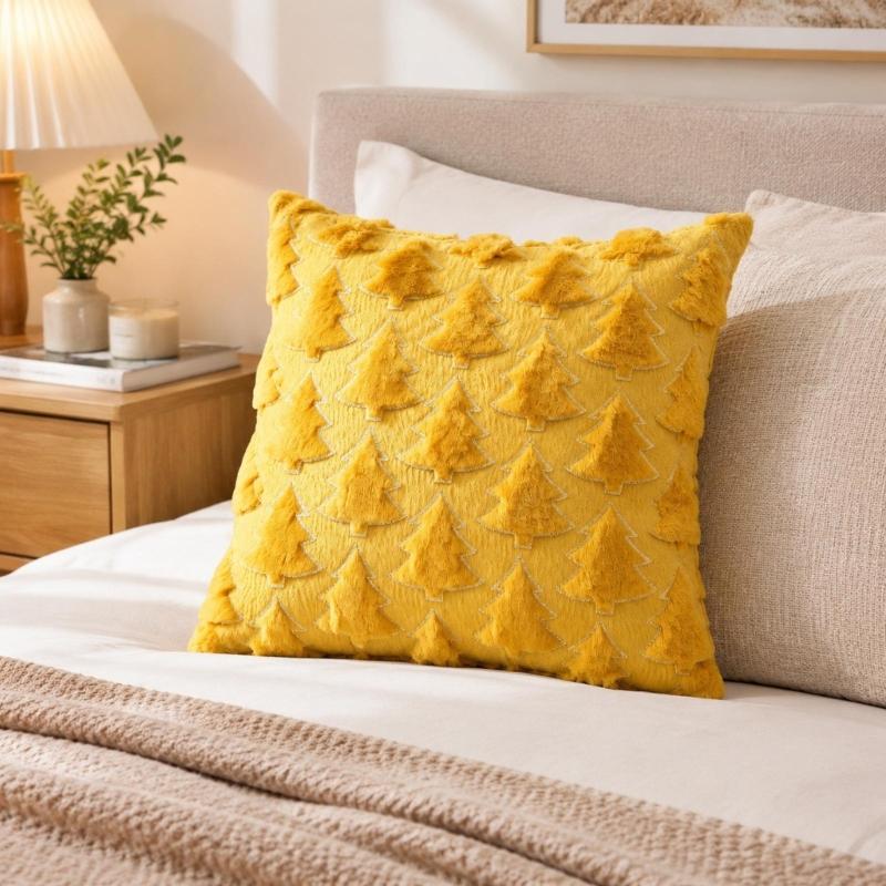 Christmas Throw Pillow Cover Set of 2, Plush Faux Furs Cushion Covers with Raised Embroidery for Coordinated Indoor Seating