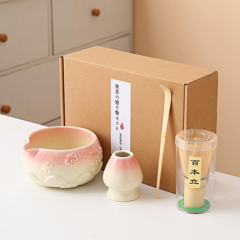8pcs Cherry Blossom White Matcha Bowl with Matcha Whisk Set, Japanese Tea Set Includes Matcha Bowl with Spout