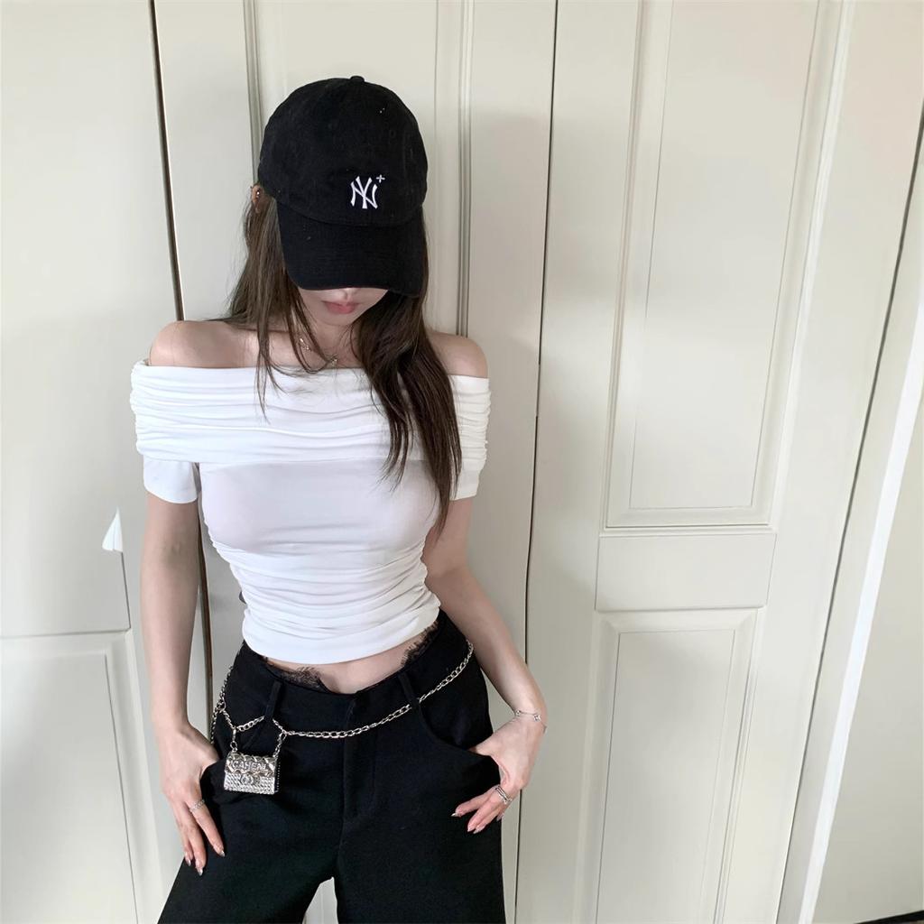 One-word Shoulder Short-sleeved T-shirt Women's Summer Sexy Babes Chic Slim-fitting Waist Short Temperament Versatile Top