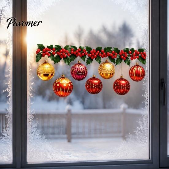 Binnen Buiten Feestelijke Stickers Kerst Hangende Bal Hulst Statische Raamstickers, Waterdichte PVC Decoratieve Stickers voor Herbruikbaar Huis Winkel